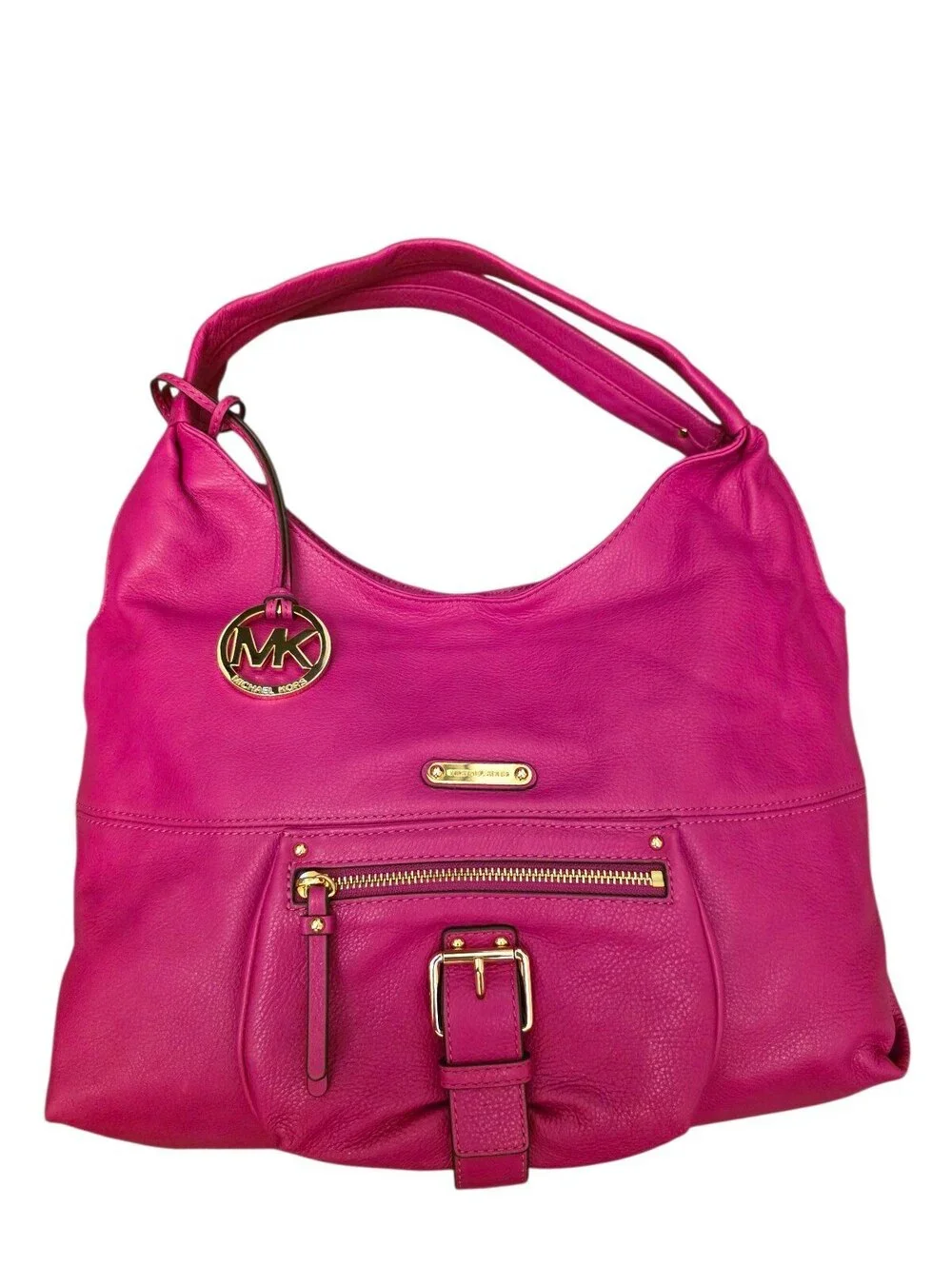 Michael Kors Hot Pink Fuchsia Leather Hobo Shoulder Bag Gold Hardware Large